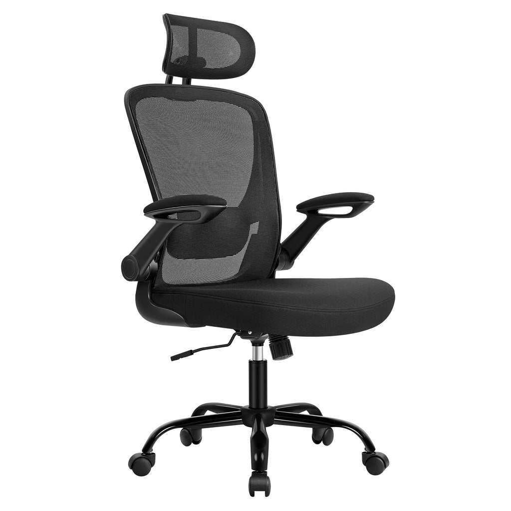 Chaise Bureau Ergonomique en Toile, Fauteuil avec support Lombaire Rembourré, Mécanisme à Bascule, Accoudoirs Rabattables, Appui-tête