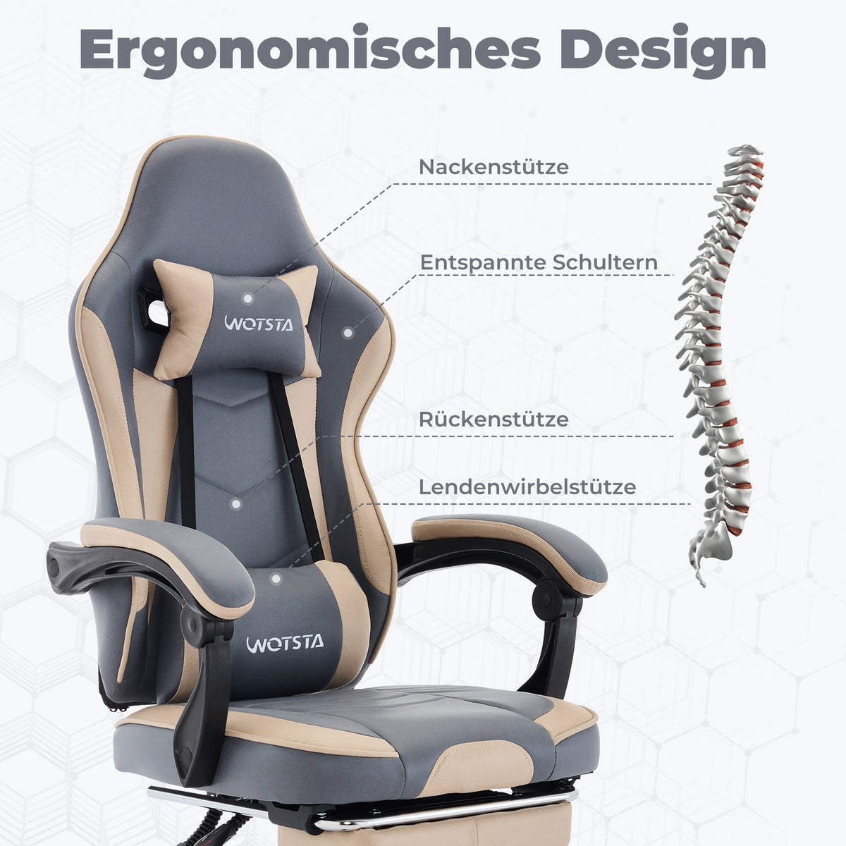 Chaise gaming ergonomique — Repose-pieds, lombaire & appui-tête.