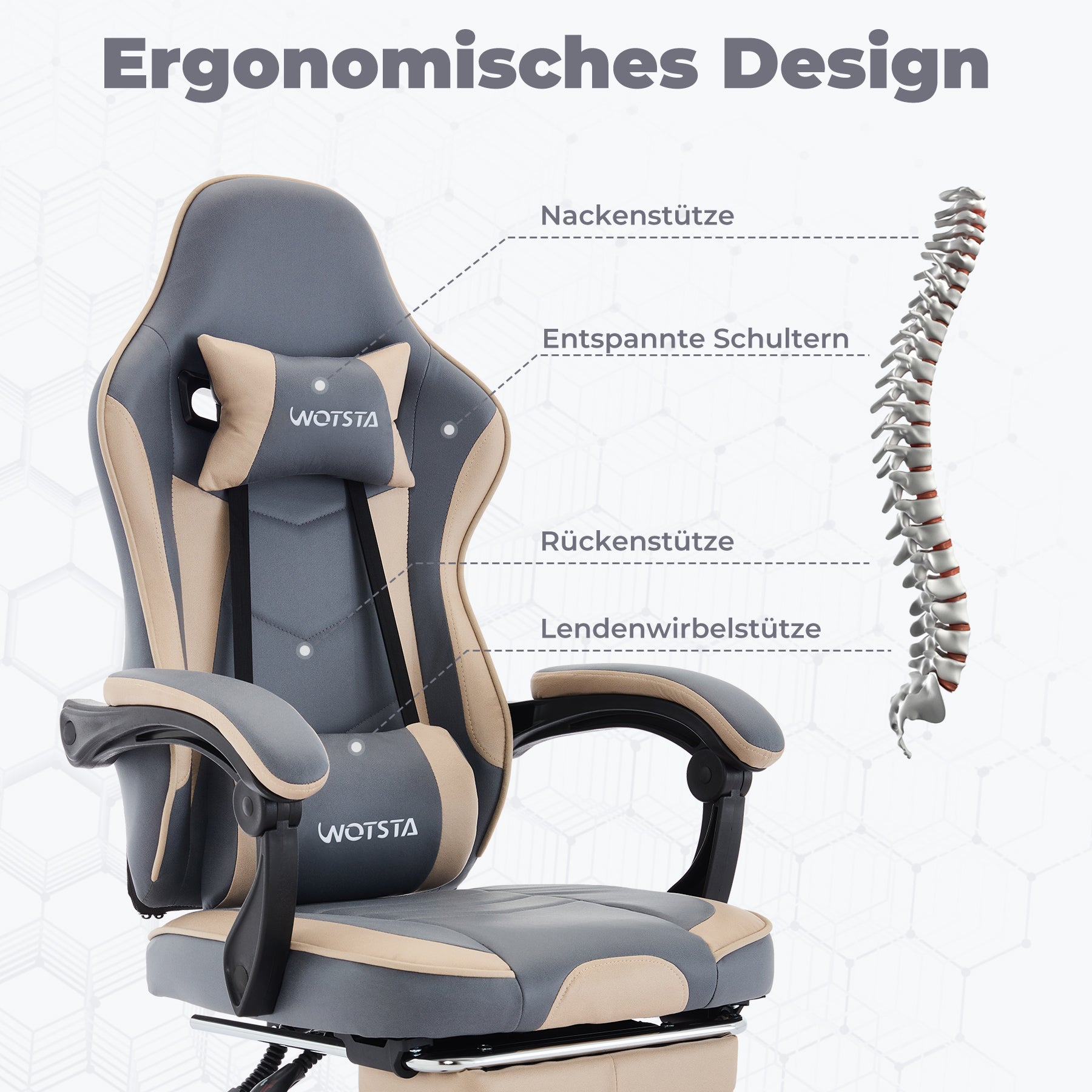 Chaise gaming ergonomique — Repose-pieds, lombaire & appui-tête.