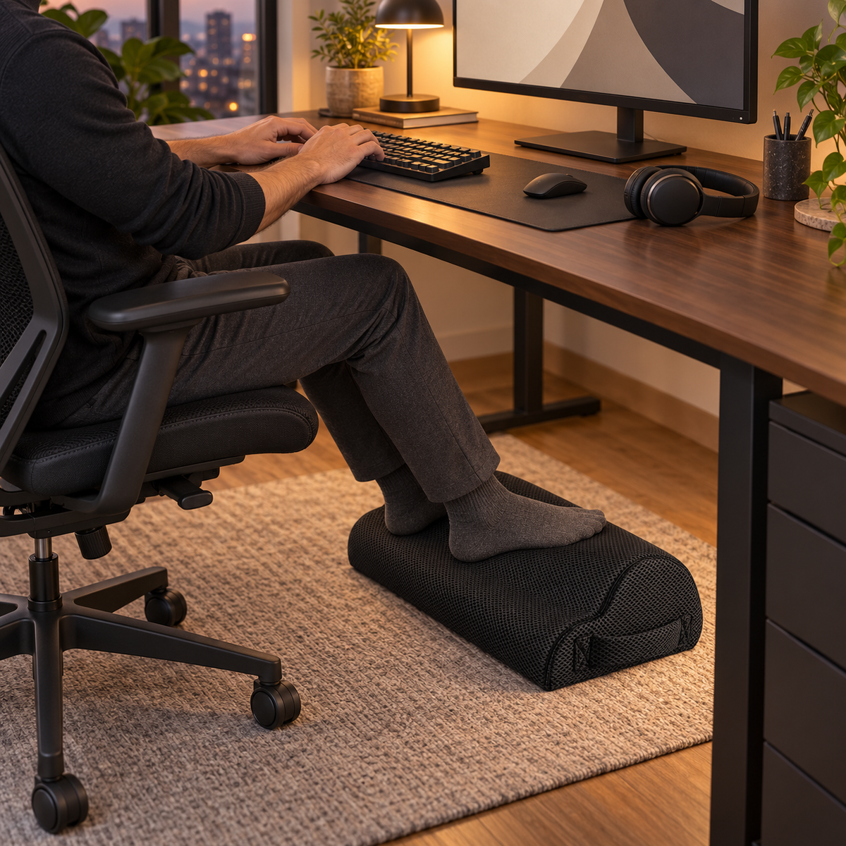 Repose-pieds ergonomique en mousse haute densité.