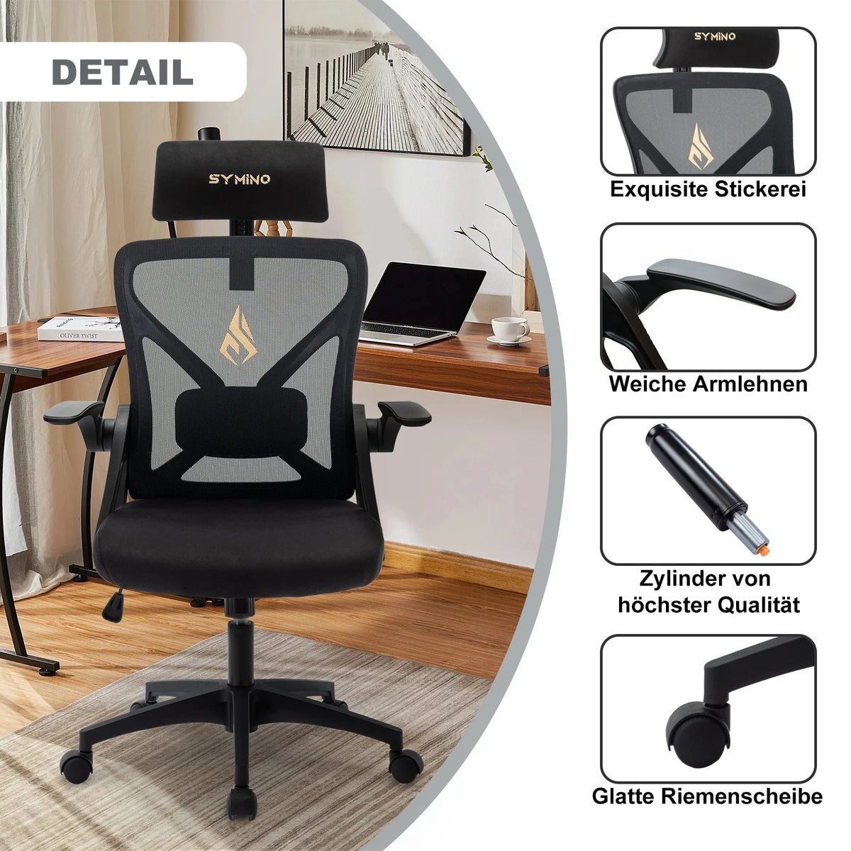 Chaise de bureau avec appui-tête réglable, accoudoirs, soutien lombaire - ergonomique, fonction à bascule rotative
