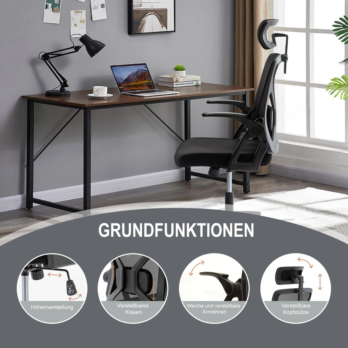 Chaise de bureau avec appui-tête réglable, accoudoirs, soutien lombaire - ergonomique, fonction à bascule rotative